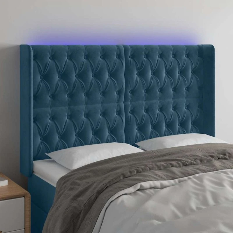 vidaXL Sengegavl med LED-lys 163x16x118/128 cm, fløjl, mørkeblå