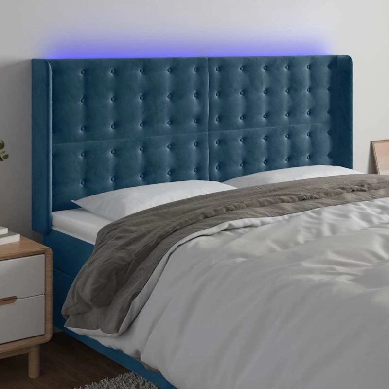 vidaXL Sengegavl med LED-lys 163x16x118/128 cm, fløjl, mørkeblå