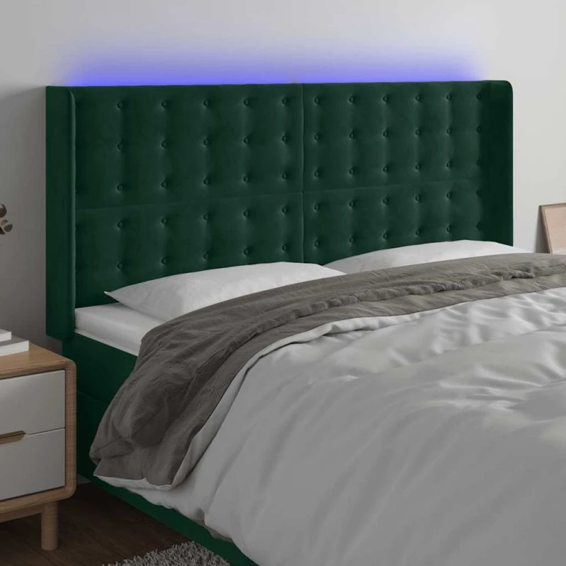 vidaXL Sengegavl med LED-lys 183x16x118/128 cm, mørkegrøn
