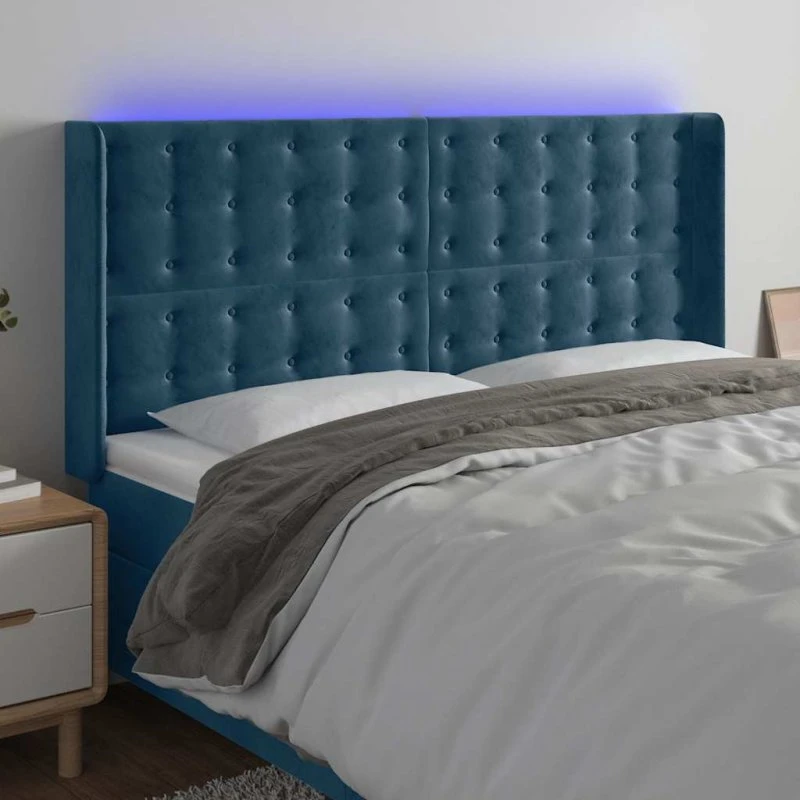 vidaXL Sengegavl med LED-lys 183x16x118/128 cm, mørkeblå fløjl