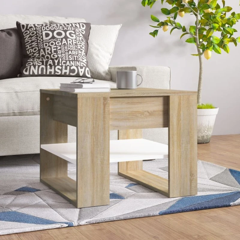 vidaXL Sofabord 55,5x55x45 cm konstrueret træ hvid og sonoma-eg
