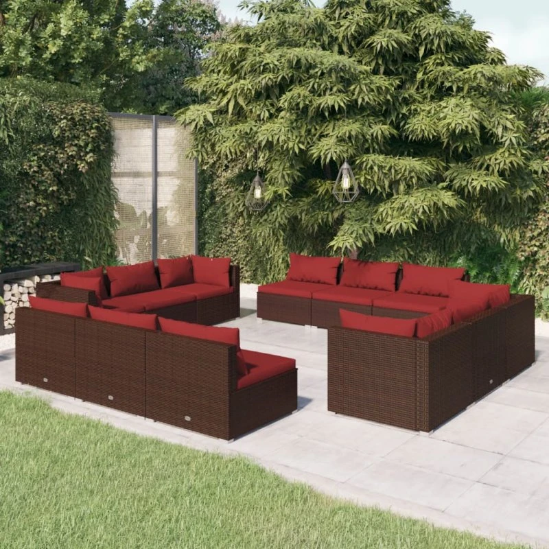 vidaXL 12-deligt polyrattan loungesæt med hynder, brun