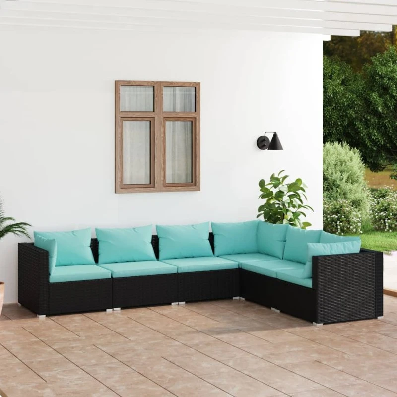 vidaXL 6-delssæt med hynder, polyrattan sort