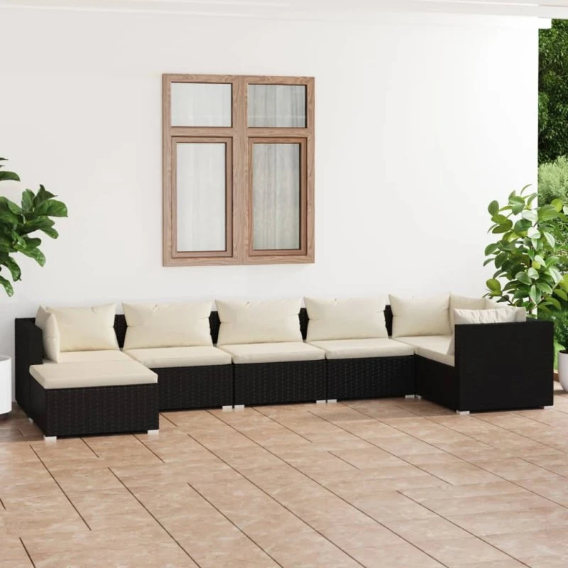 vidaXL 7-delssæt polyrattan sort med hynder