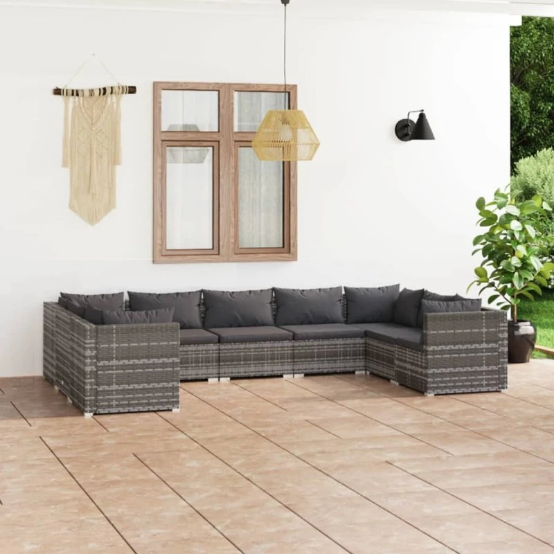 vidaXL 9-deligt loungesæt med hynder i polyrattan grå