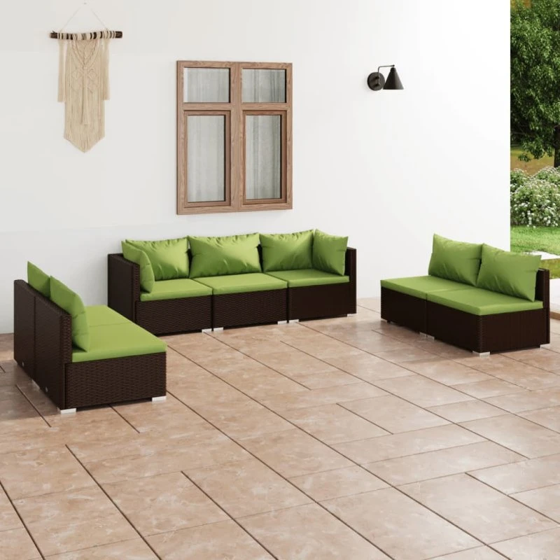 vidaXL 7-deligt loungesæt med hynder, polyrattan brun