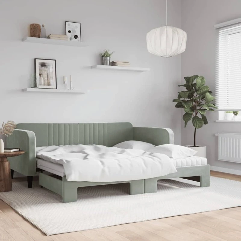 vidaXL Daybed med Udtræk og Madras 90x190 cm Lysegrå