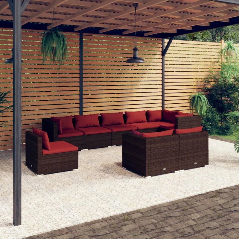 vidaXL 9-deligt loungesæt med hynder i polyrattan brun
