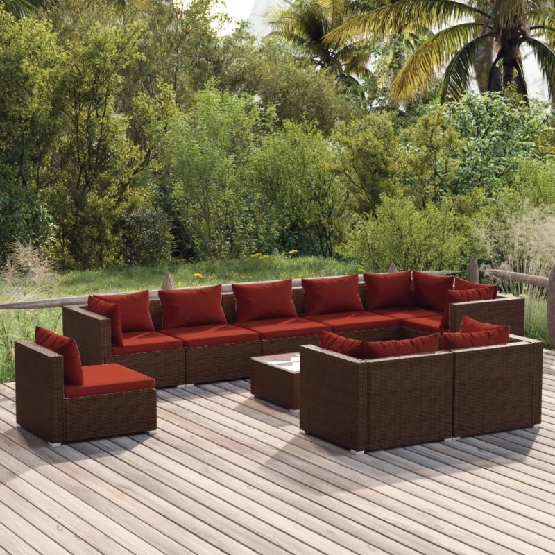 vidaXL 10-deligt loungesæt med hynder i polyrattan, brun