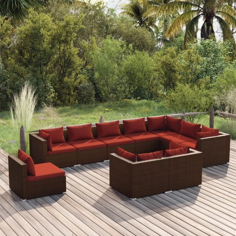 vidaXL 10-deligt loungesæt med hynder i polyrattan brun