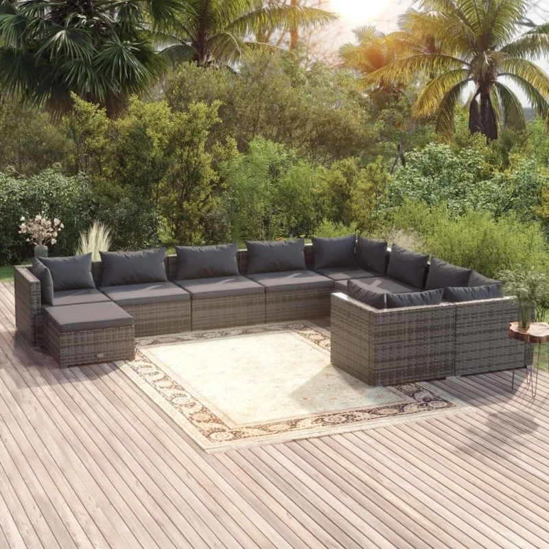 vidaXL 10-deligt loungesæt med hynder i polyrattan grå