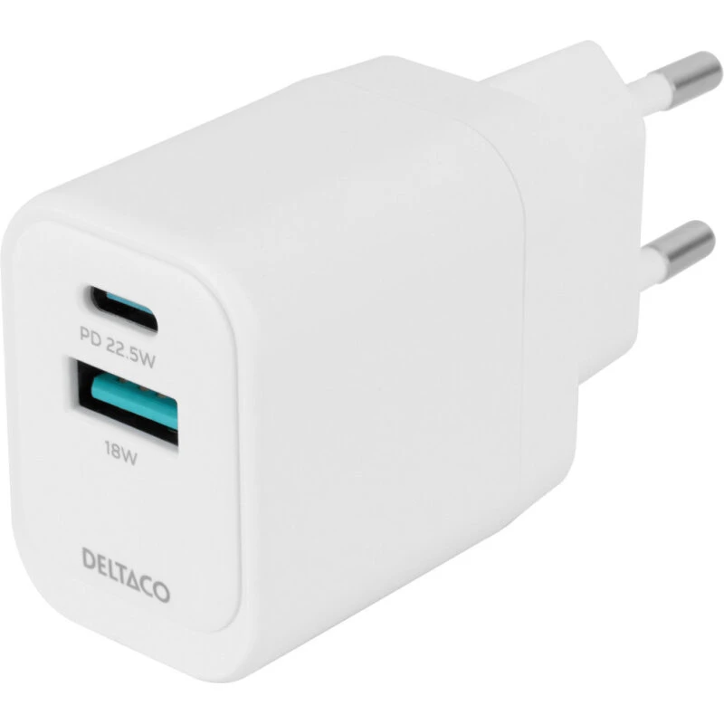 Deltaco USB-C & USB-A vægoplader 22,5W/18W – Hvid
