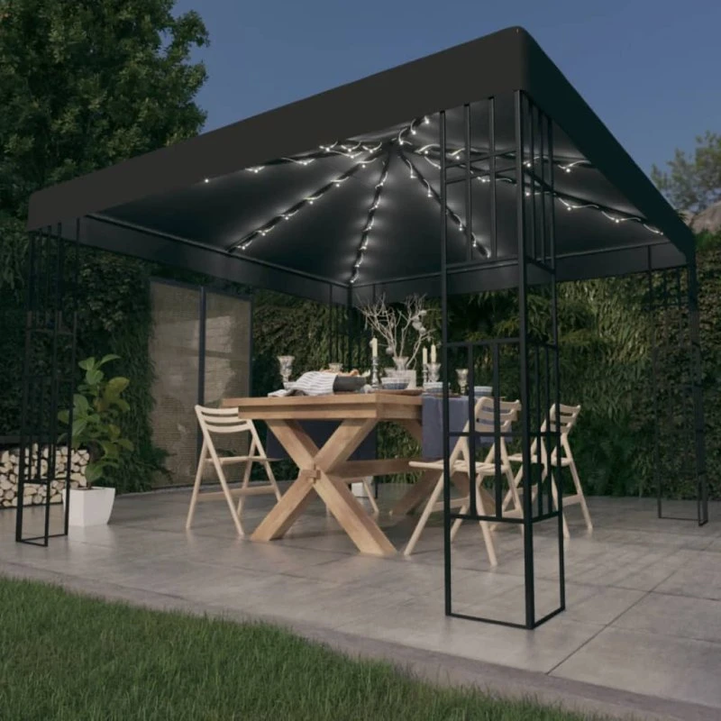 vidaXL pavillon 3x3 m med LED-lyskæder antracitgrå