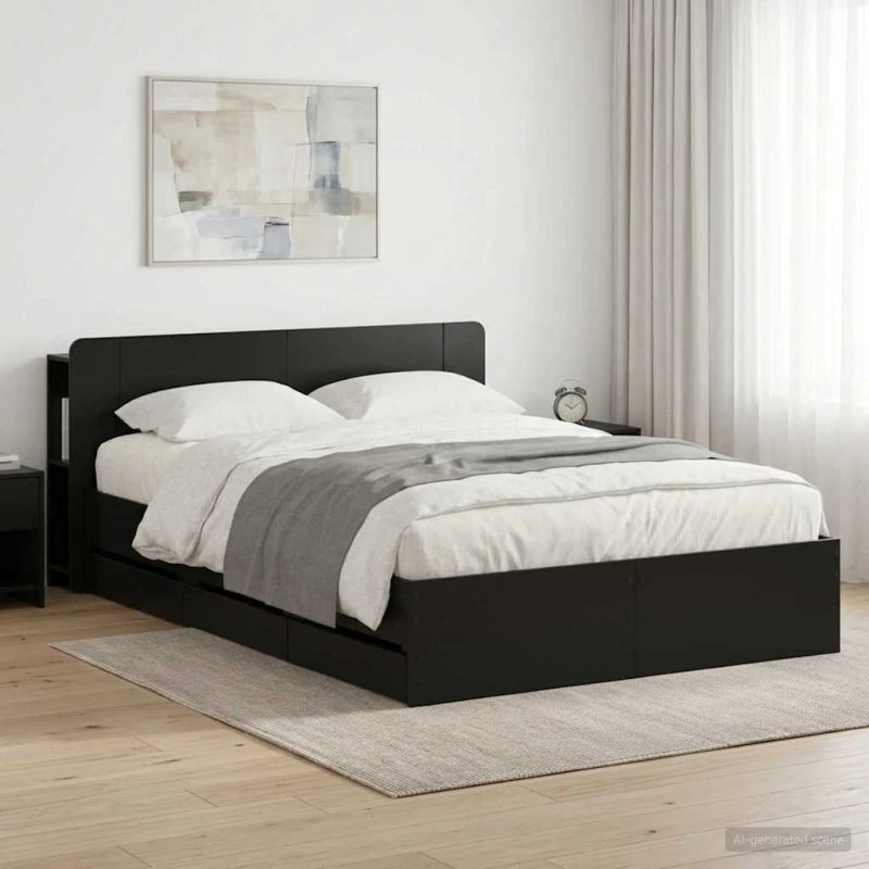 vidaXL Sengestel med Opbevaring, Sort, 150 x 200 cm, Konstrueret Træ