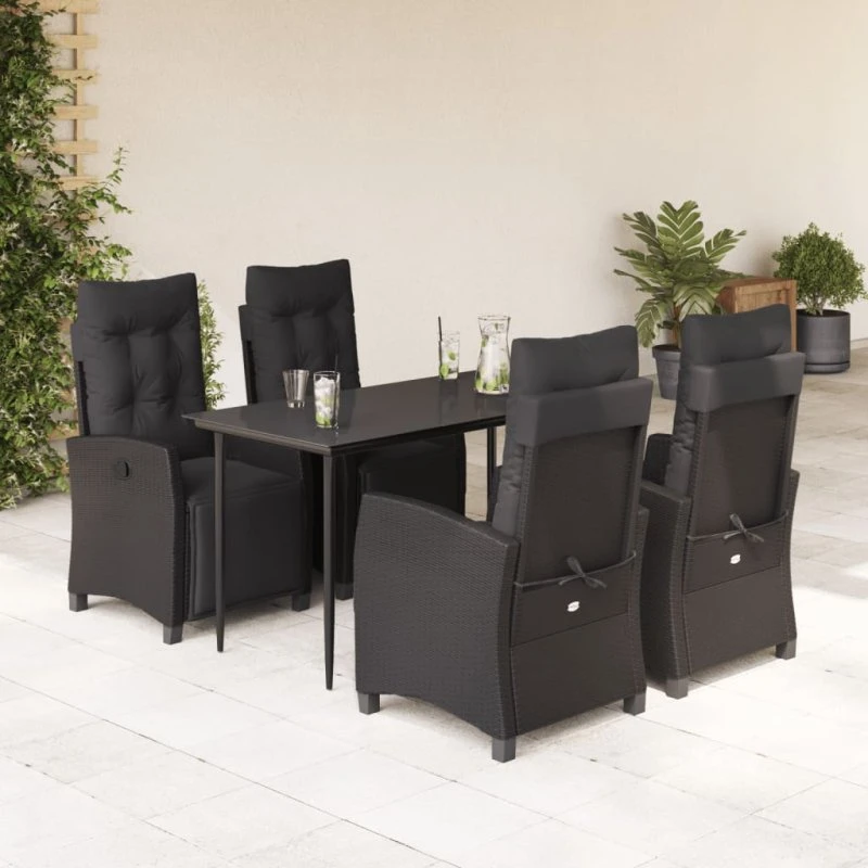 vidaXL 5-deligt spisebordssæt med hynder, polyrattan sort, 140 cm