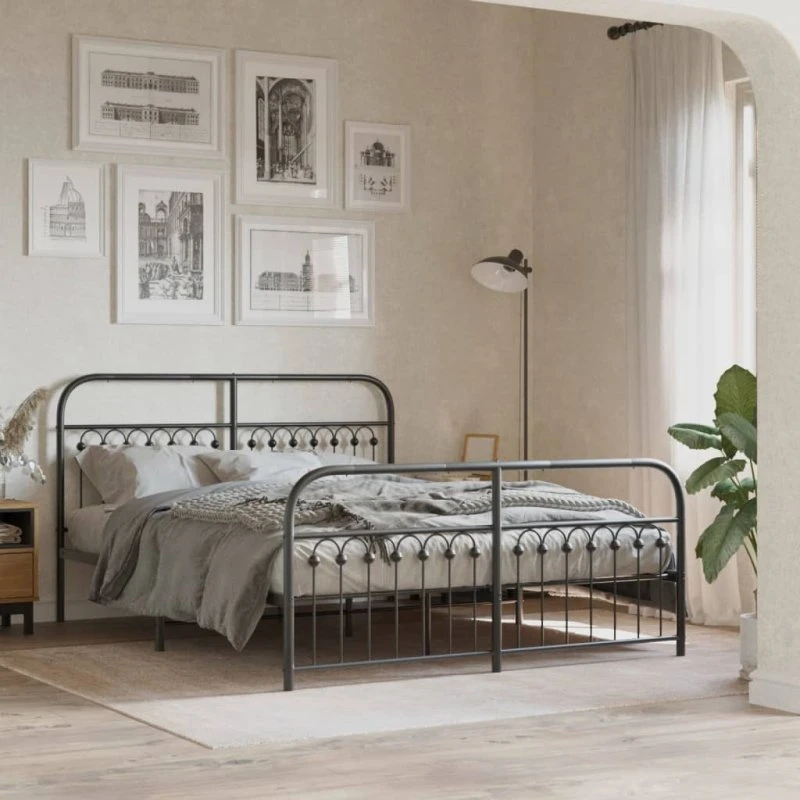 vidaXL Sengeramme 150x200 cm metal sort med sengegavl og fodgærde