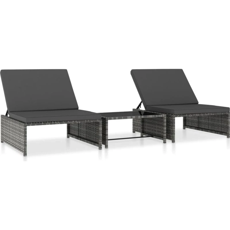 vidaXL Havestole 2 stk. med lænefunktion og bord, polyrattan grå
