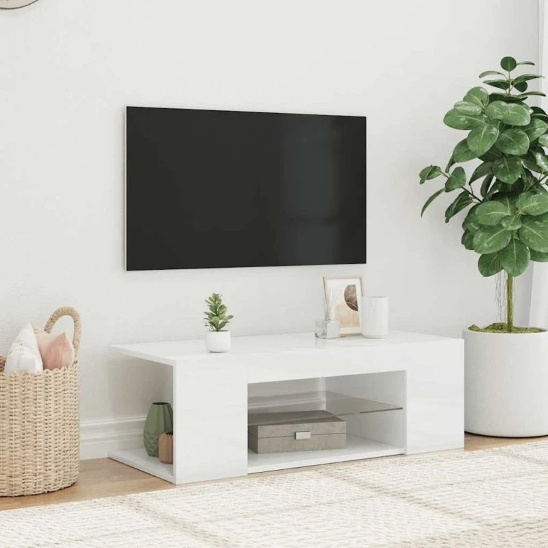 vidaXL tv-skab med LED-lys 90x39x30 cm hvid højglans