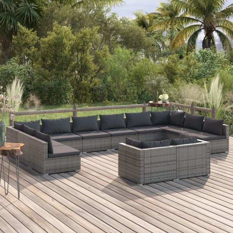 vidaXL 12-deligt loungesæt med hynder, polyrattan grå