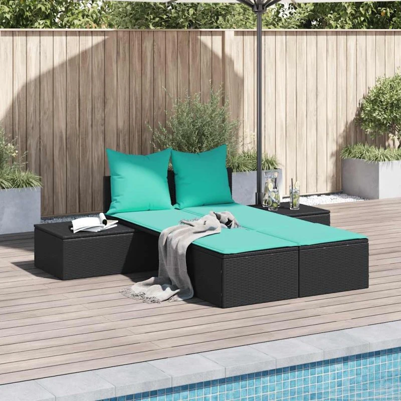 vidaXL Dobbelt Liggestol med Hynder, Sort Polyrattan