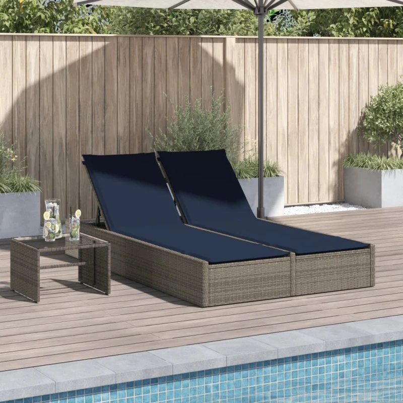 vidaXL Dobbelt Liggestol med Hynder, Grå Polyrattan