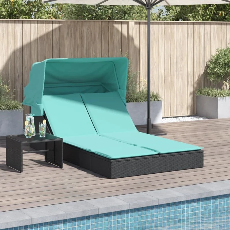 vidaXL Dobbelt Liggestol med Baldakin og Hynder, Sort Polyrattan