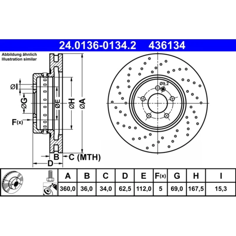 ATE Bremseskive 24.0136-0134.2 for Mercedes-Benz & BMW