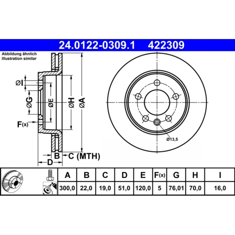 ATE Bremseskive 24.0122-0309.1, ventileret, 300 mm, til VW Amarok & Crafter