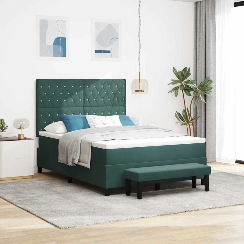 vidaXL Boxspring seng mørkegrøn 200x140 cm med fløjls hovedgavl