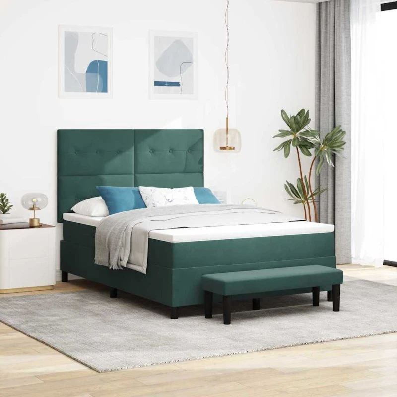 vidaXL Boxspring seng med fløjls hovedgavl, mørkegrøn 200x140 cm