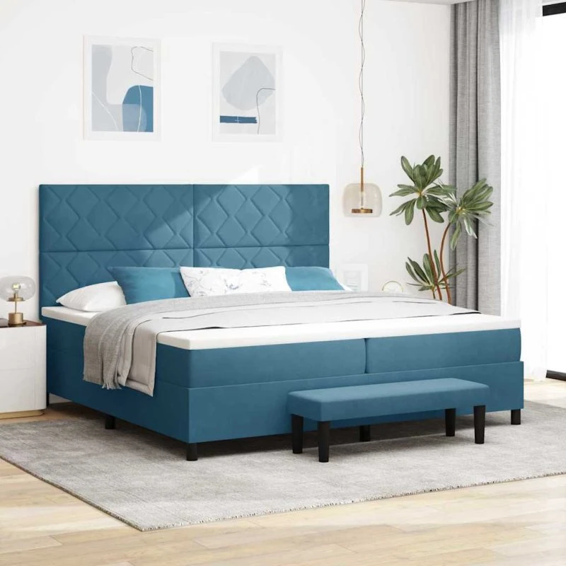 vidaXL Boxspring seng med madras, mørkeblå, 200 x 200 cm, fløjl