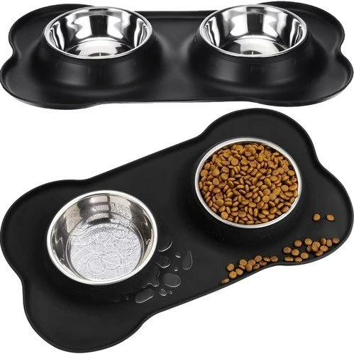 Hundefoderskål 2-i-1 | 2 x 450 ml rustfrit stål med silikonebase