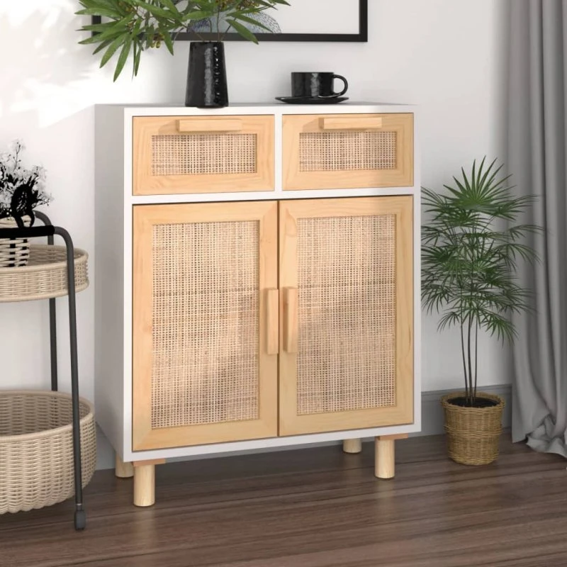 vidaXL Skænk 60x30x75 cm massivt fyrretræ og rattan hvid