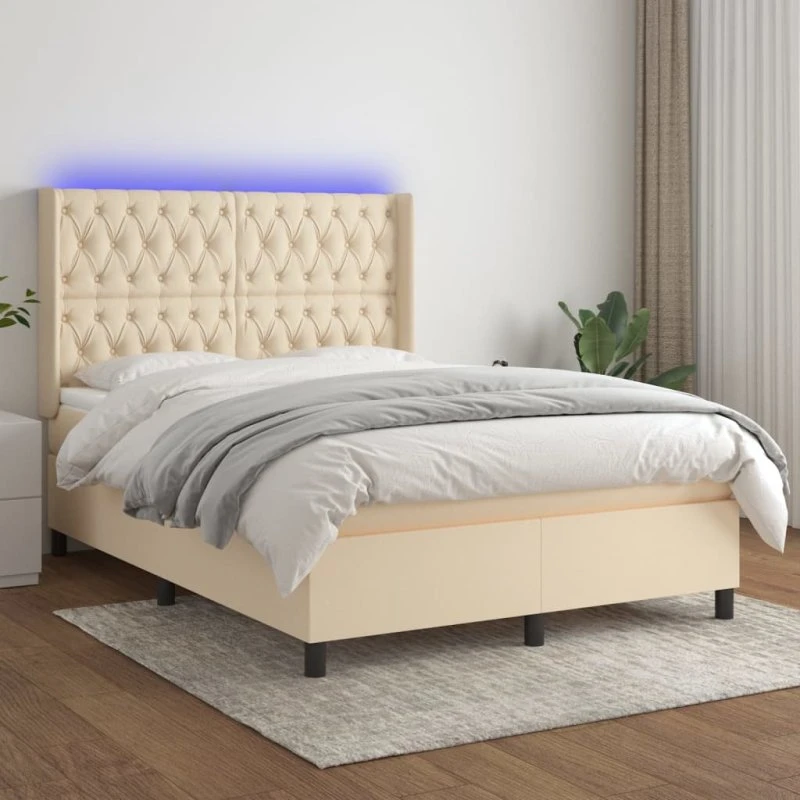 vidaXL Kontinentalseng 140x190 cm Creme med LED-lys og justerbar gavl