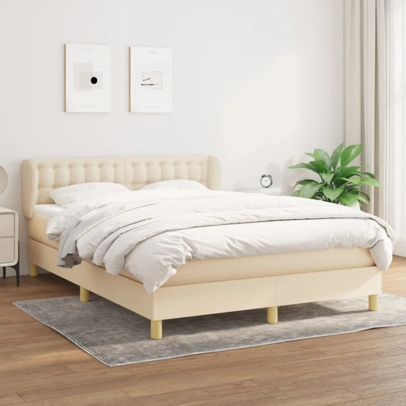 vidaXL Kontinentalseng 140x190 cm stof cremefarvet med justerbar gavl og pocketfjedremadras