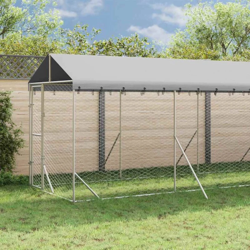 vidaXL Udendørs Hundegård 2x10x2,5 m med Tag, Galvaniseret Stål, Sølv