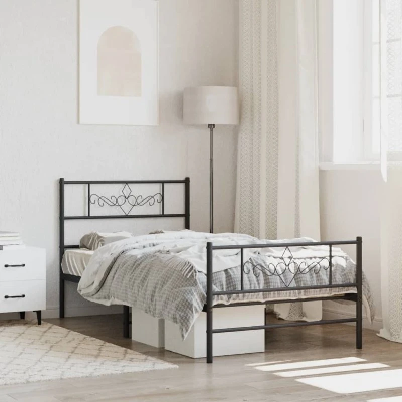 vidaXL Sengeramme 90x190 cm metal sort med sengegavl og fodgærde