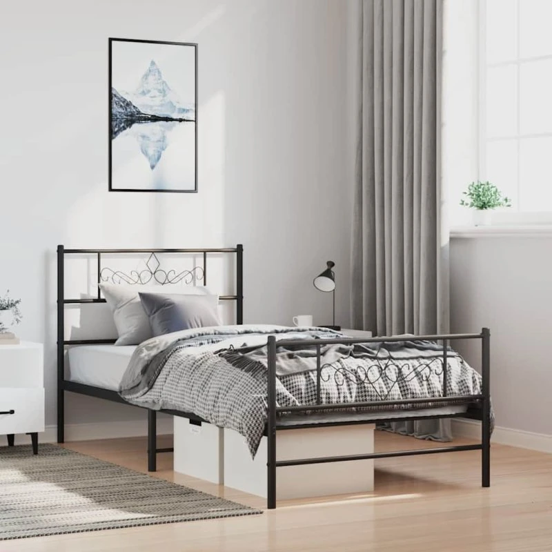 vidaXL Sengeramme 100x200 cm metal sort med sengegavl og fodgærde