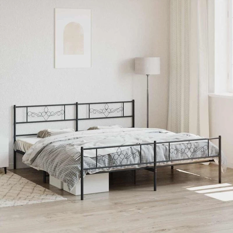 vidaXL Sengeramme 200x200 cm metal sort med sengegavl og fodgærde