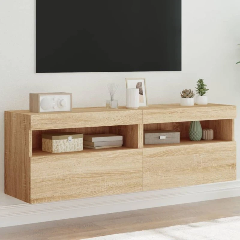 vidaXL Væghængt tv-bord 2 stk. 60x30x40 cm Sonoma-eg med LED-lys