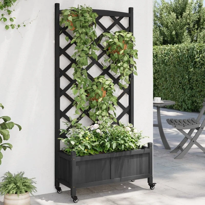 vidaXL Plantekasse med Espalier og Hjul, Sort, 75 x 35 x 157,5 cm