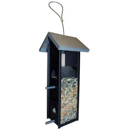 Ryom Foderautomat til frø, sort metal med blankt tag (28 cm)