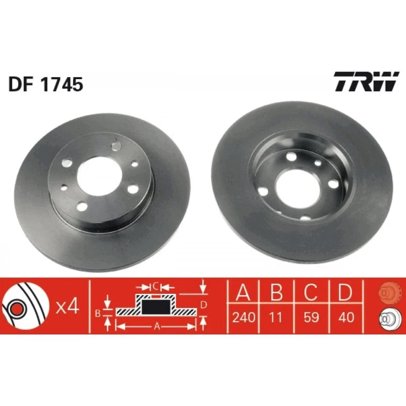 TRW Bremseskive DF1745, sort, 241 mm, for FORD, FIAT, ALFA ROMEO