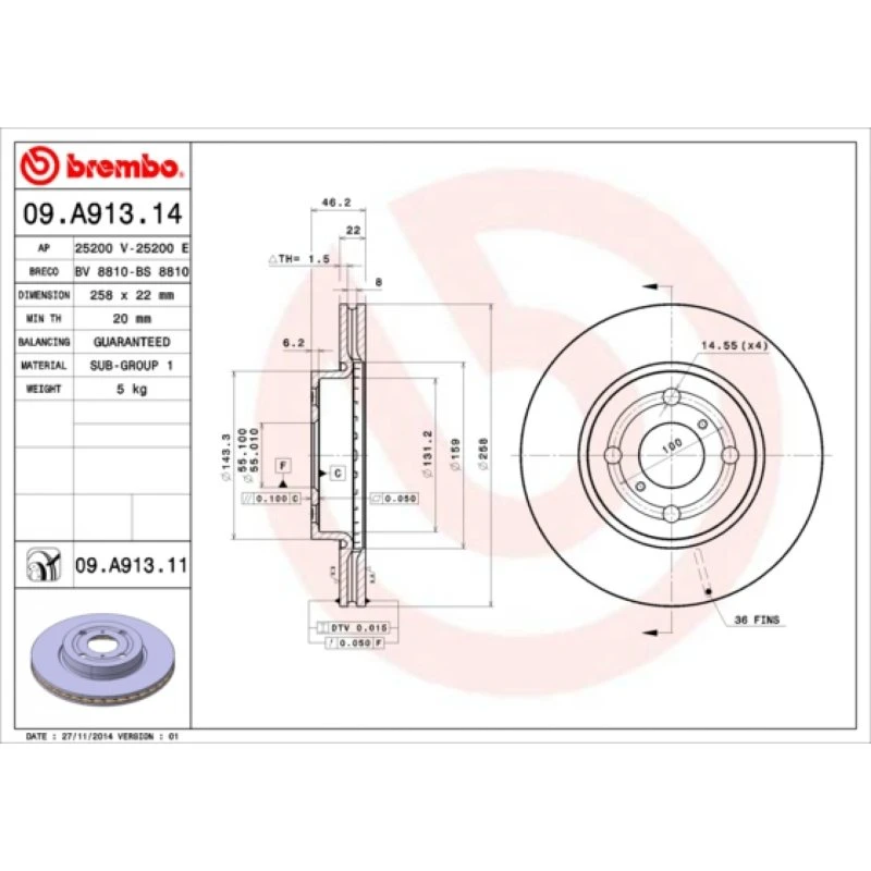 Brembo Bremseskive 09.A913.14 for Toyota Yaris & Daihatsu Charade