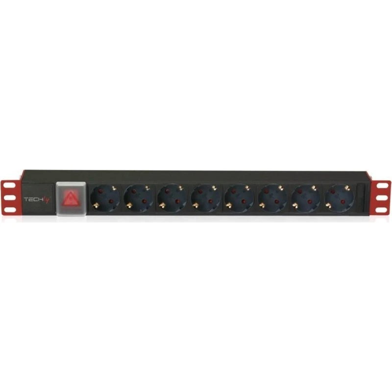 TECHly 19" 1U PDU 8 Schuko, sort/rød med afbryder
