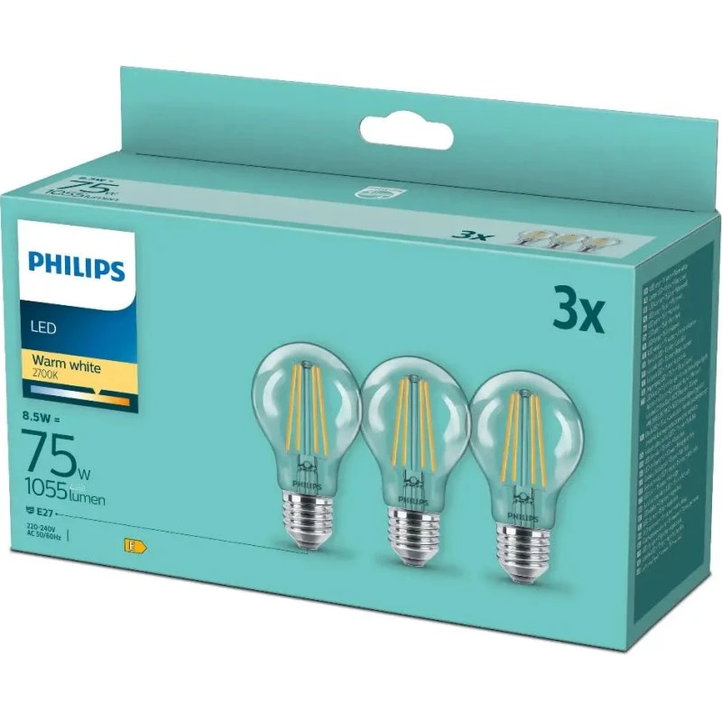 Philips LED 8,5W E27 2700K 1055lm 3-pak