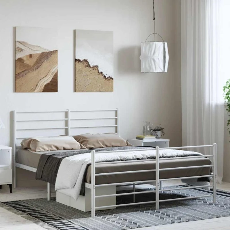 vidaXL Sengeramme 135x190 cm Metal Hvid med Gavl og Fodgærde