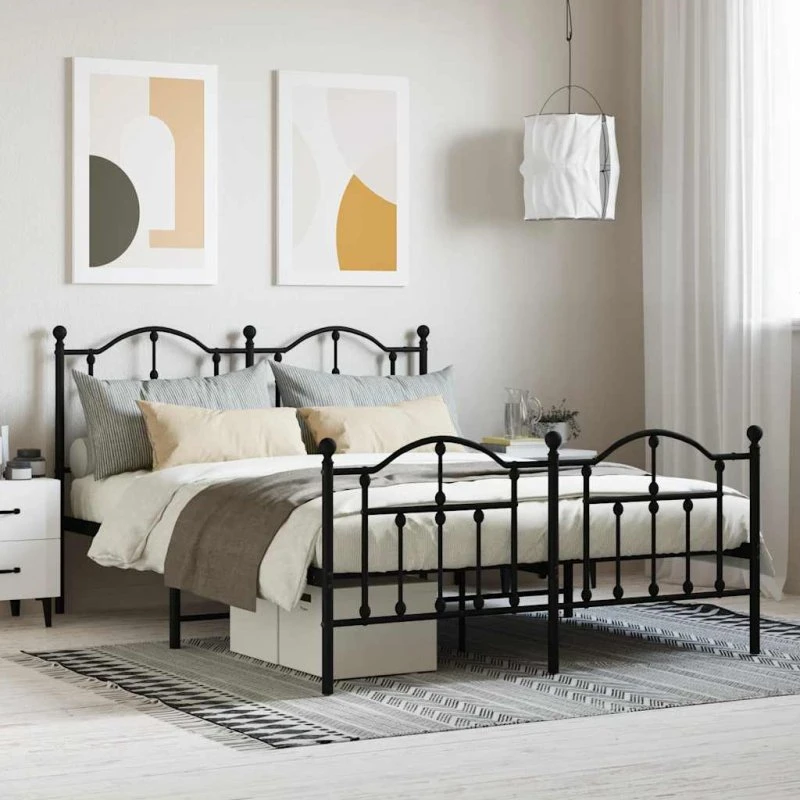 vidaXL Sengeramme 140x190 cm metal sort med sengegavl og fodgærde