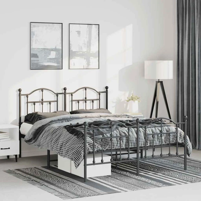 vidaXL Sengeramme 150x200 cm metal sort med sengegavl og fodgærde