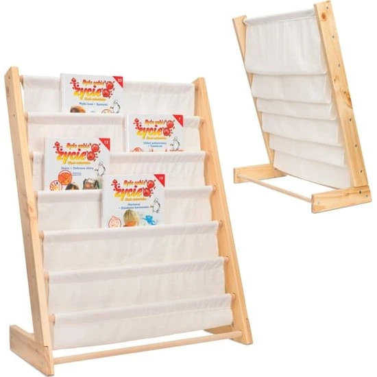 Montessori Børnebogreol 63x76,5x30 cm med 6 lommer, træ/bomuld
